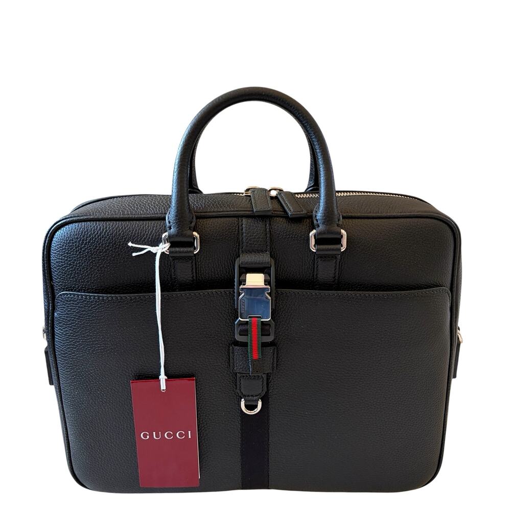Gucci Medium Briefcase with Web Men's Black Full Grain Leather 816757 NWT - Picture 2 of 16